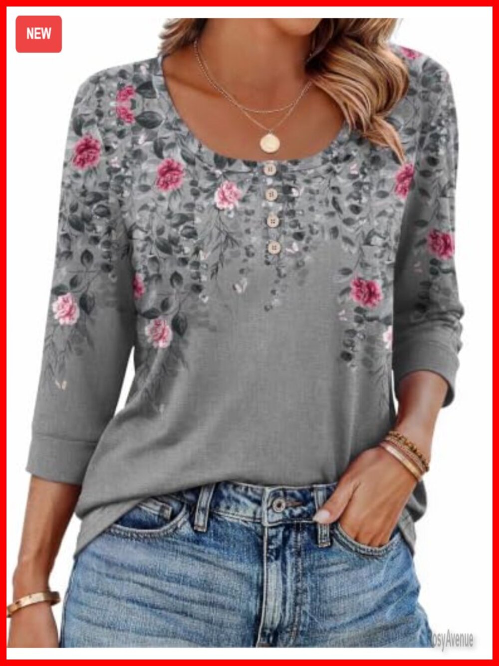 Womens 3/4 Sleeve Floral Scoop Neck Blouse Casual Dressy Tunic Top